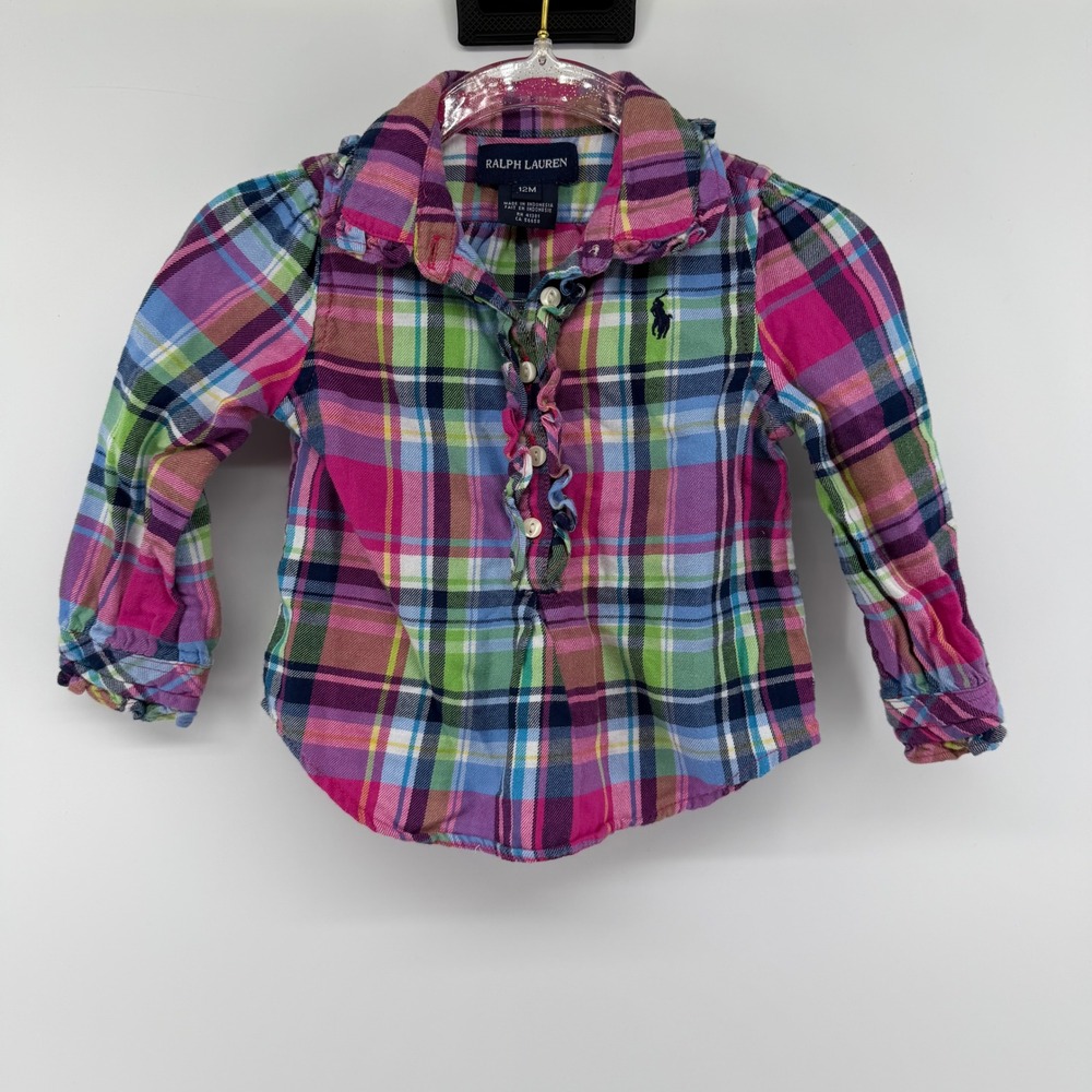 Ralph Lauren Kids Girls 12M Plaid Button Front Ruffle Collar Long Sleeve Shirt